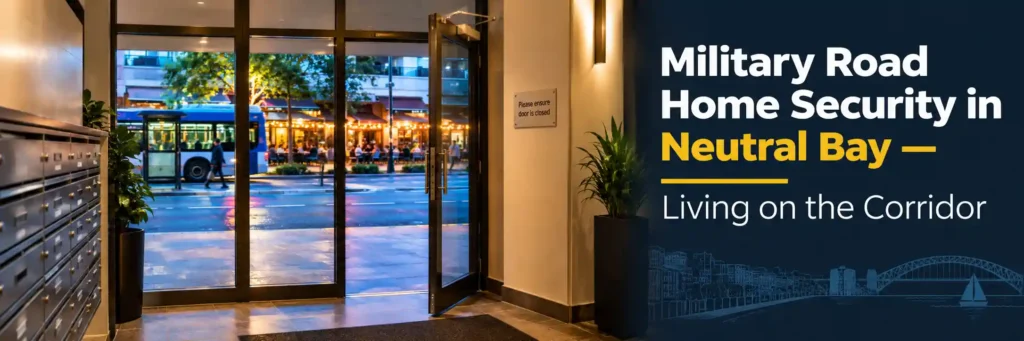 Neutral Bay apartment lobby with a partly open glass entrance door, residential letterboxes, and the busy Military Road bus stop and café strip outside at dusk.