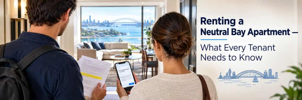Young couple moving into a Neutral Bay apartment with Sydney Harbour views, reviewing a tenancy agreement and preparing a lock change request.