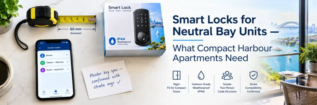 Smart lock installation checklist for Neutral Bay apartments featuring a door backset measuring tape, IP44 weatherproof smart lock packaging, smartphone access codes, and a strata compatibility note.